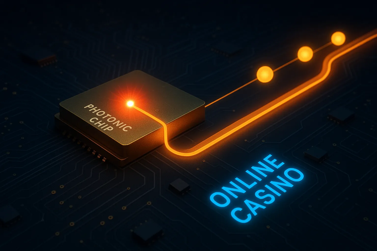 A close-up illustration of a photonic chip emitting single photons into a waveguide on a dark circuit board, symbolizing a quantum RNG device that powers an online casino’s backend servers.