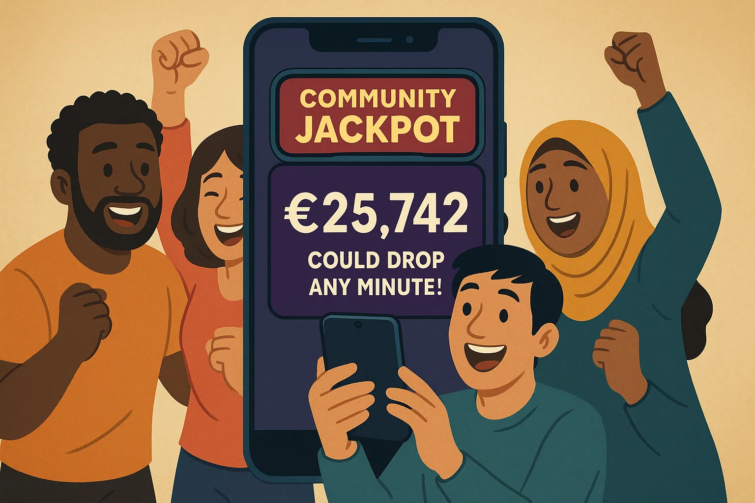 A community jackpot meter on a mobile casino screen showing “€25,742 – could drop any minute!” with diverse players gathered around, cheering together.