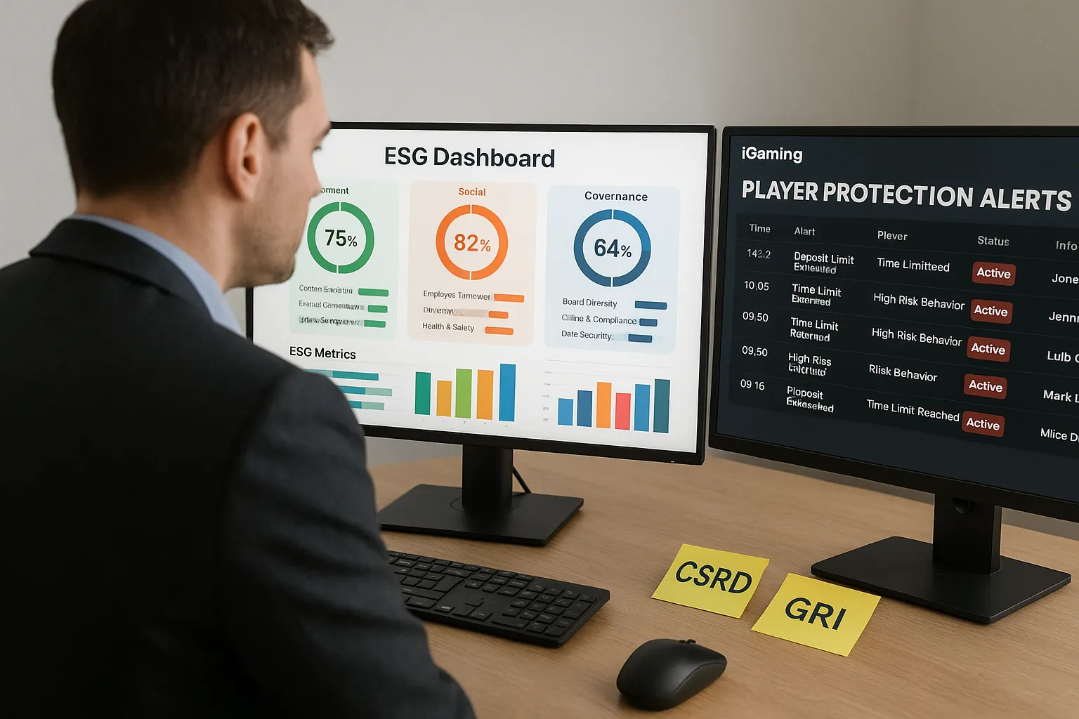 A compliance manager reviews a colourful ESG dashboard on a widescreen monitor while a second screen shows real-time player protection alerts from an iGaming platform. Post-it notes with “CSRD” and “GRI” are visible on the desk, conveying the integration of ESG frameworks with live casino data.