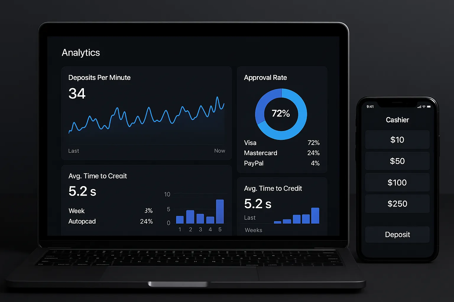 A dark-mode analytics dashboard on a laptop screen shows real-time deposits per minute, approval rates by payment method, and average time-to-credit, while a mobile phone beside it displays a simplified cashier interface with one-tap deposit options.