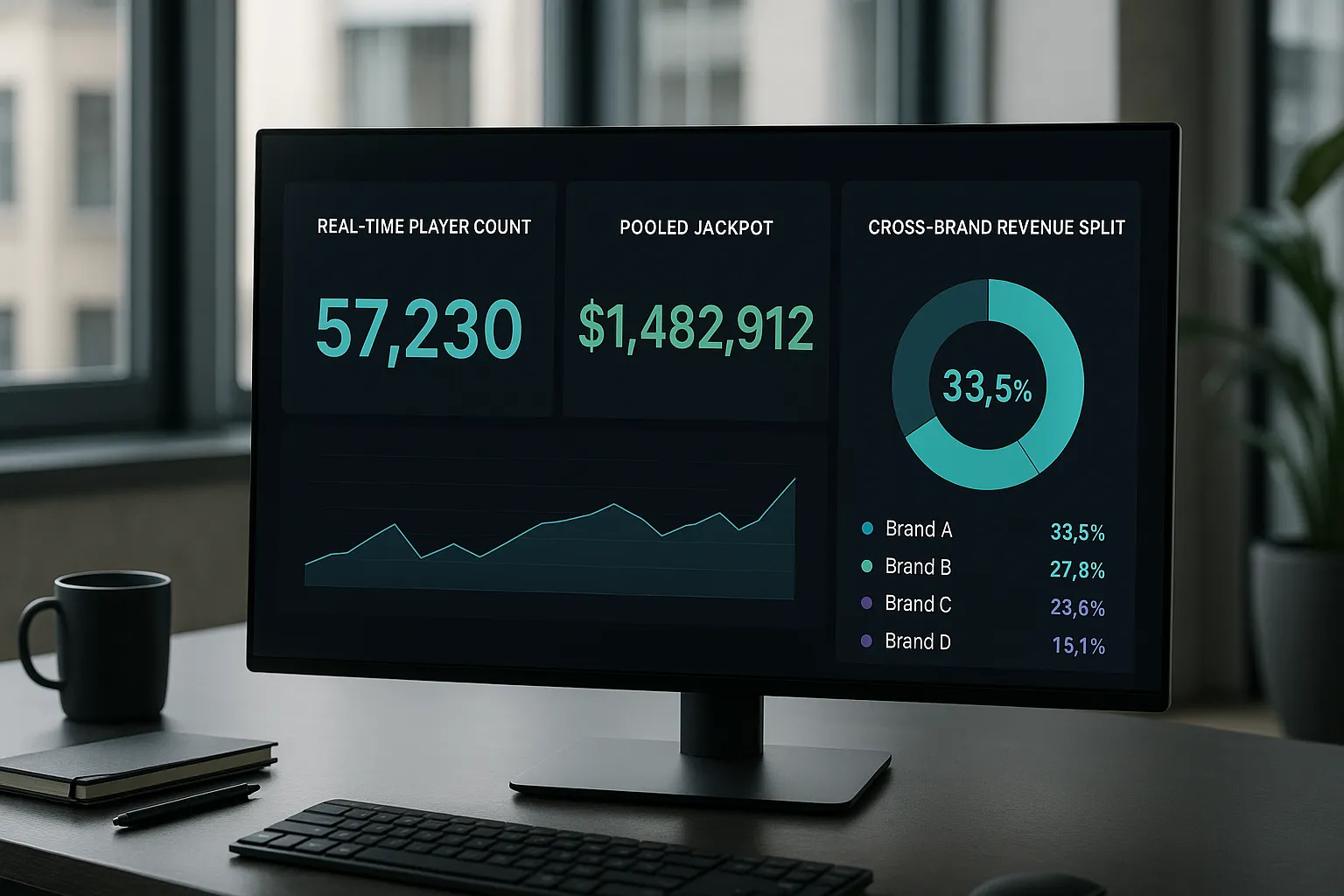A dashboard screen showing real-time player counts, pooled jackpot size, and cross-brand revenue split, displayed on a sleek dark UI in a modern workspace. All screens face the viewer.