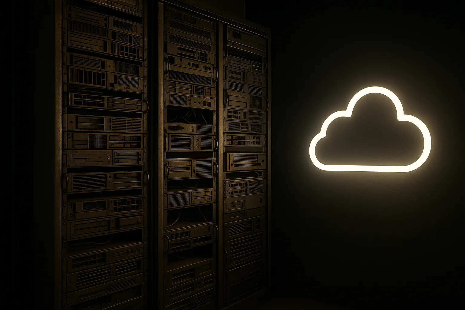 A dimly lit server room with aging on-premise hardware stacked in tall racks, contrasted on one side by a bright cloud icon symbolizing modern, scalable infrastructure.