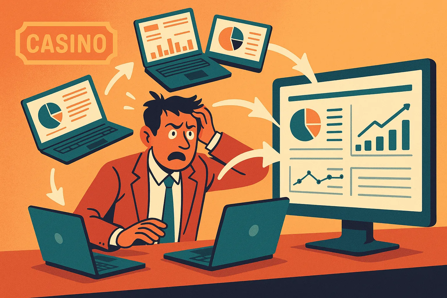A frustrated casino operator juggling multiple laptops and dashboards, representing system fragmentation, with overlay arrows pointing to a unified, modern dashboard on a single screen.