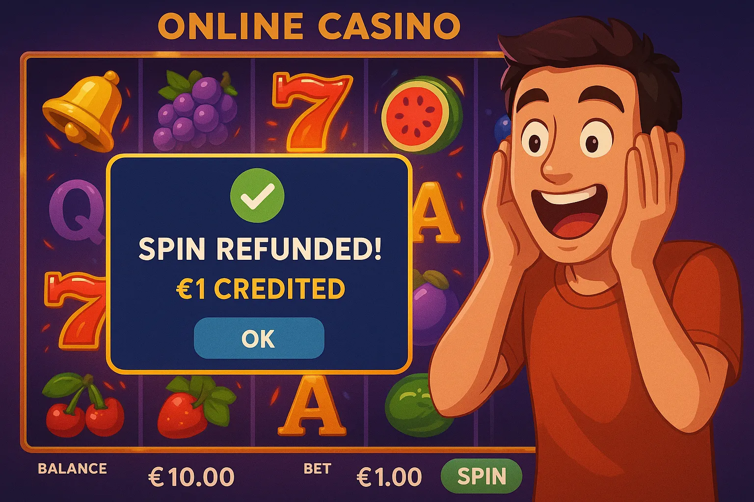 A lively online casino interface where a player is surprised by a pop-up saying “Spin refunded! €1 credited” while colorful slot reels animate in the background. The user's expression is excited, demonstrating an unexpected reward moment.