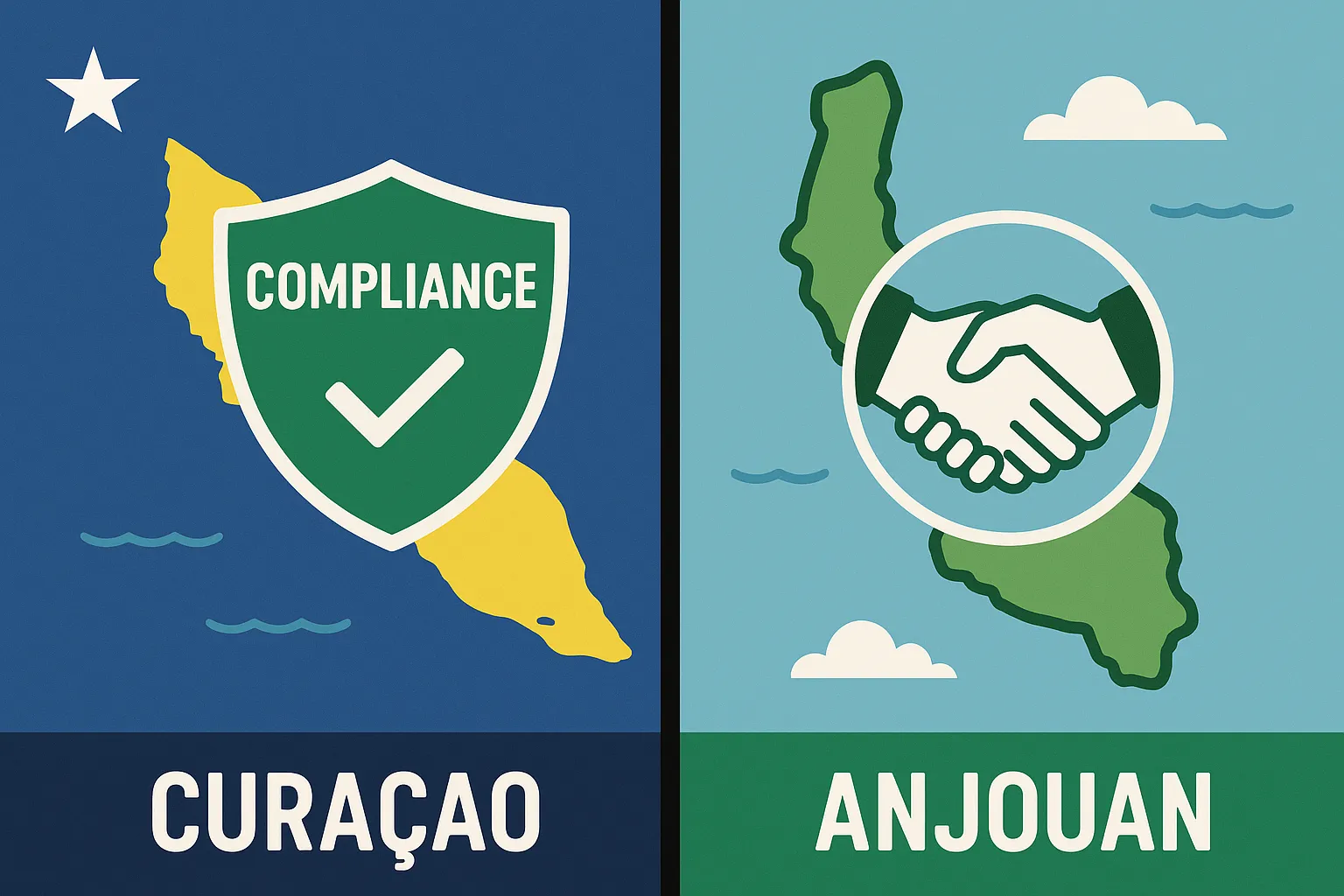 A split-screen illustration: on the left, the Caribbean island of Curaçao with a modern compliance shield icon; on the right, the Indian Ocean island of Anjouan with a handshake icon symbolising business-friendly licensing.