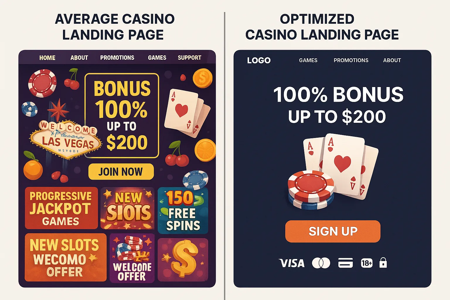 A split-screen mock-up comparing an average casino landing page on the left (cluttered, slow) with an optimized version on the right (clean hero, clear CTA, payment icons, trust badges).
