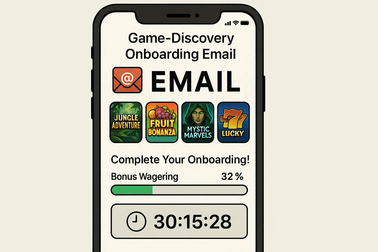 A stylised email mock-up displayed on a smartphone, showing a carousel of slot thumbnails, a progress bar for bonus wagering, and a countdown timer, illustrating an engaging game-discovery onboarding email for an online casino.