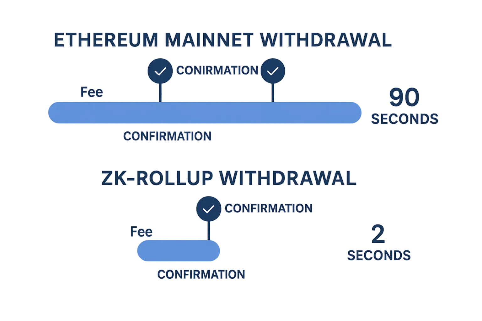 A timeline infographic contrasting a 90-second Ethereum mainnet withdrawal with a 2-second zk-rollup withdrawal, showing each confirmation step and associated fees.