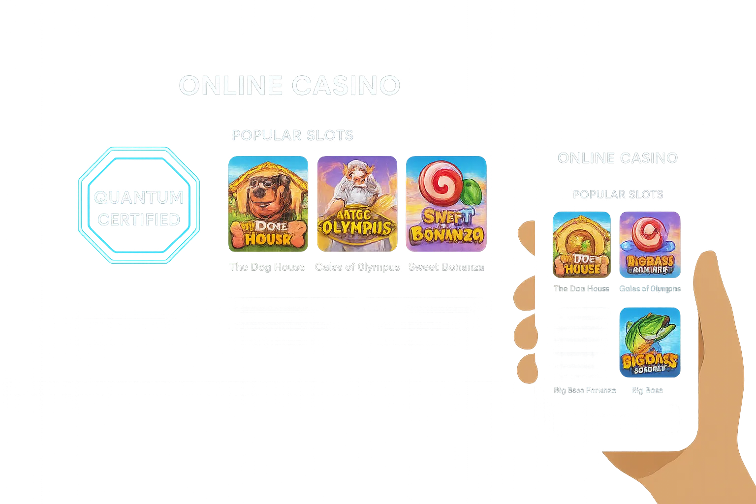 A UI mock-up of an online casino lobby showing a glowing “Quantum Certified” badge next to popular slot thumbnails, with players scrolling on both desktop and mobile devices.