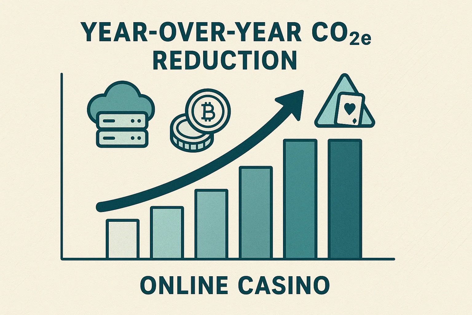 Illustration of a bar chart showing year-over-year CO₂e reduction for an online casino, overlaid with icons for cloud servers, crypto coins, and responsible gambling alerts, symbolising linked ESG initiatives.