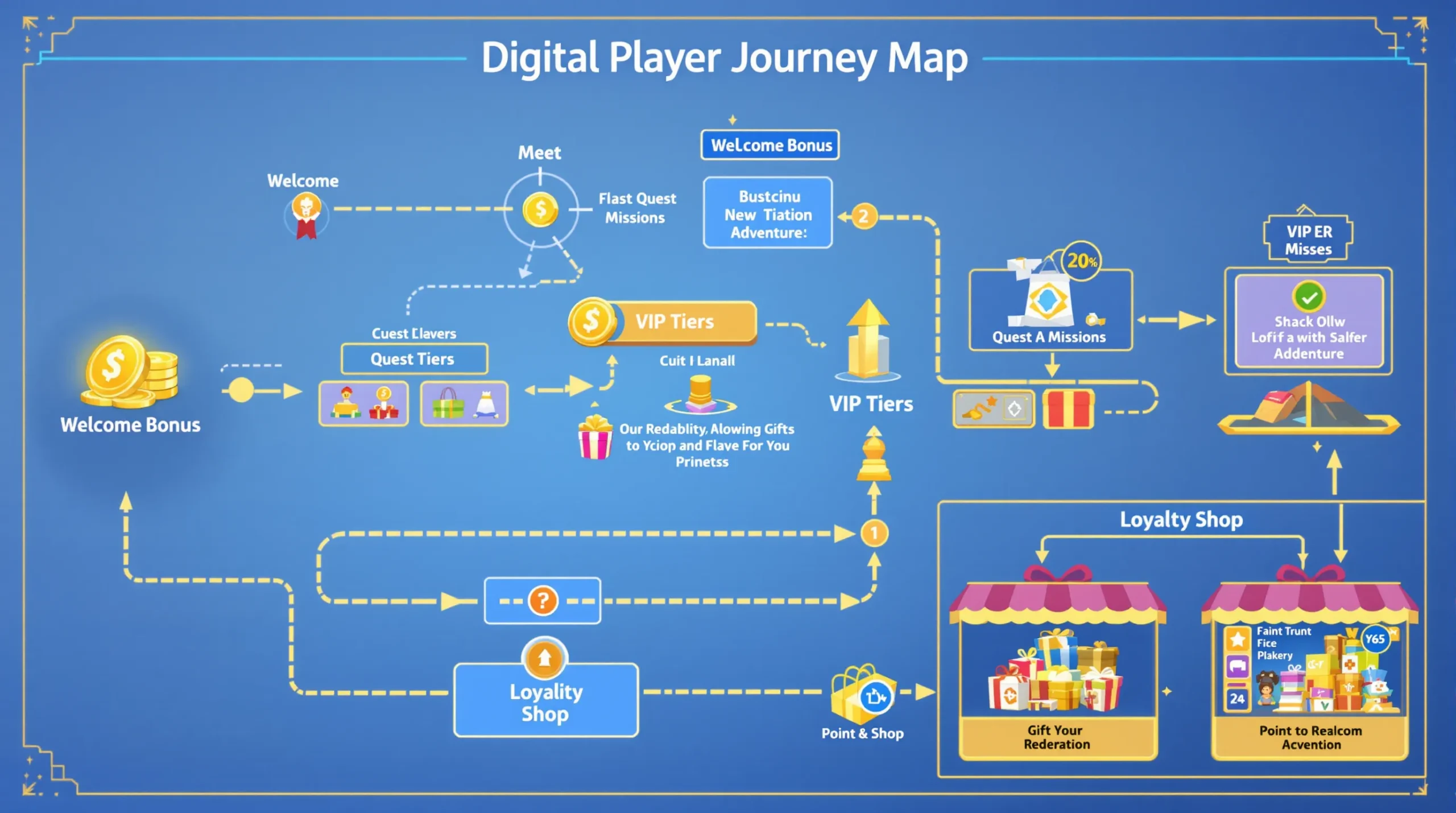 Illustration of a player journey map starting with a welcome bonus, branching into quest missions, leading to VIP tiers and culminating in a loyalty shop where points are redeemed for prizes.