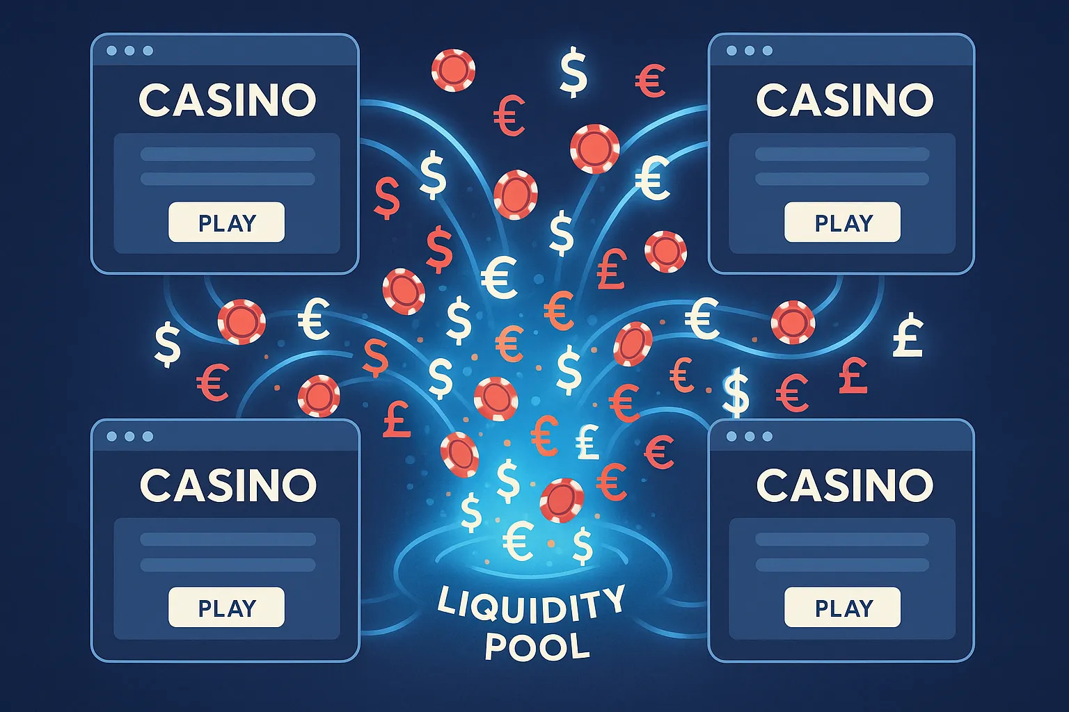 Illustration of multiple online casino websites connected to a single, glowing liquidity pool in the center, with currency symbols and poker chips flowing between them, symbolizing shared liquidity across brands.