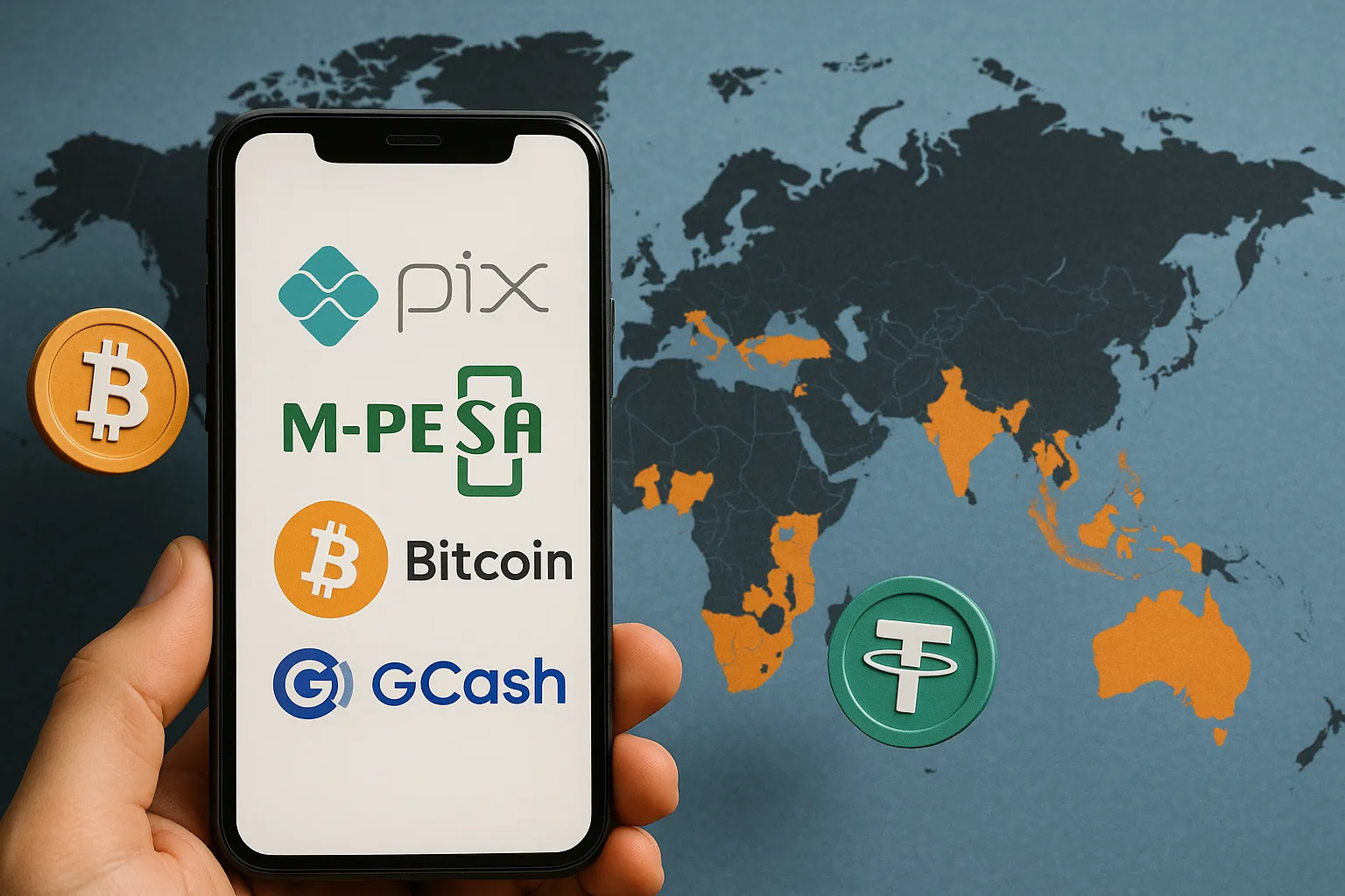 Illustration showing a mobile phone displaying multiple local payment icons like PIX, M-Pesa, and GCash, intertwined with crypto symbols such as Bitcoin and USDT. The background features a world map highlighting emerging markets in Latin America, Africa, and Southeast Asia, emphasizing the importance of diverse payment options in an iGaming cashier.