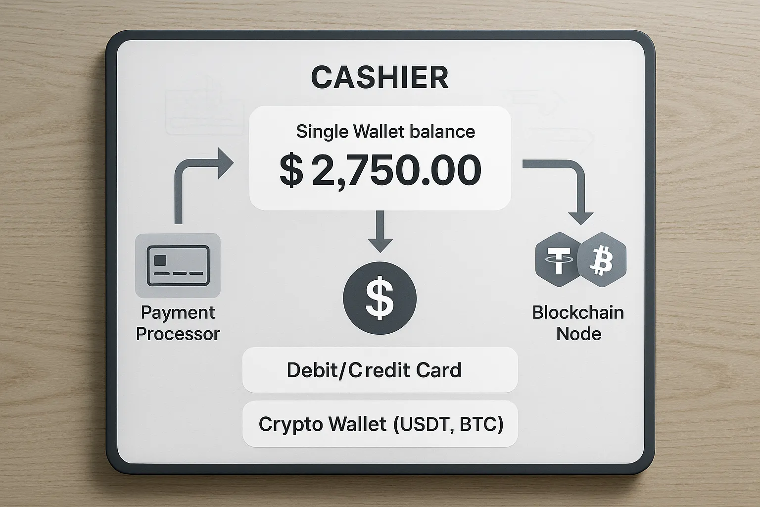 Illustration of a hybrid iGaming cashier interface showing a single wallet balance at the top, with two deposit buttons below: one labeled