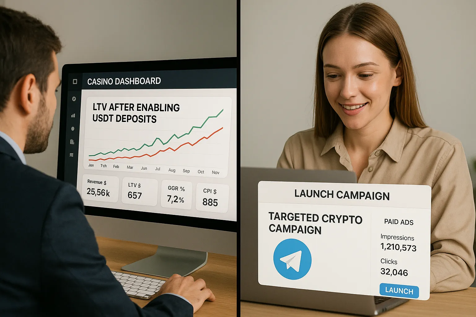 A split-screen graphic: on the left, a casino operator’s dashboard shows sky-rocketing LTV after enabling USDT deposits; on the right, a marketing manager launches a targeted crypto campaign with Telegram community icons and paid ads statistics.