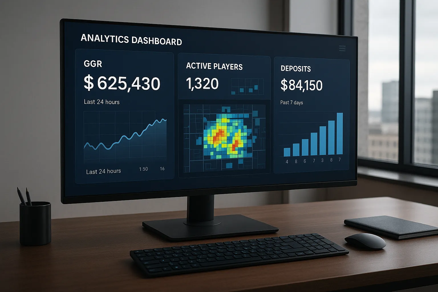 An analytics dashboard displaying real-time KPIs such as GGR, player activity heat maps, and deposit trends on a large monitor in a sleek operator office, highlighting data-driven decisions in online casino management.