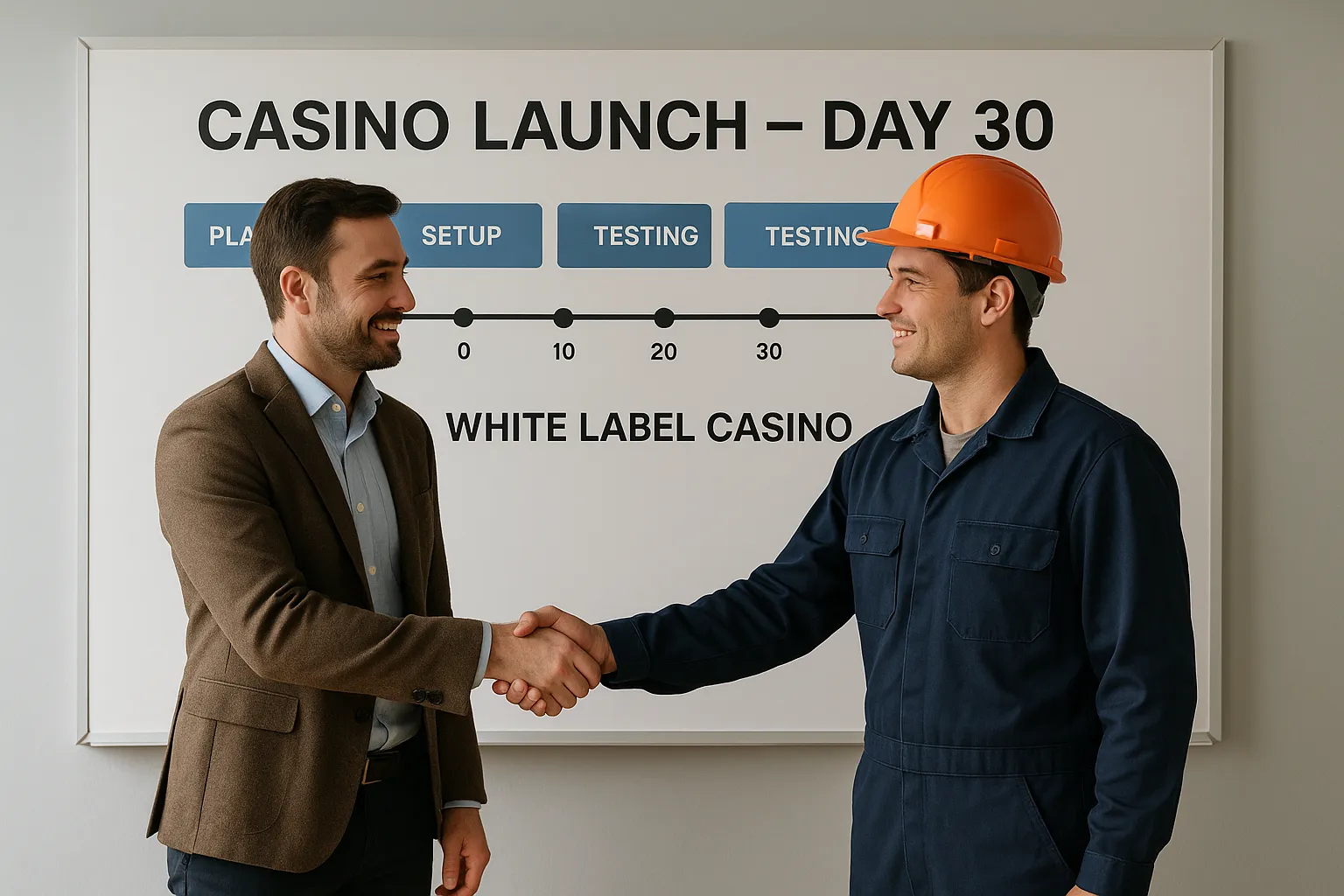A project kickoff scene: an account manager and operator shaking hands in front of a large roadmap whiteboard labeled 