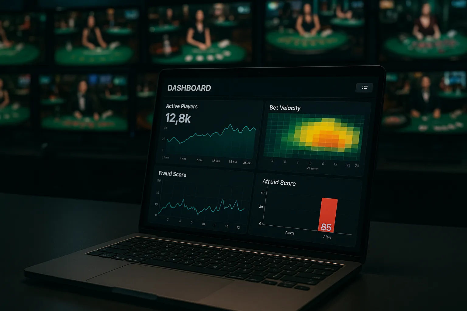 A dashboard screen showing real-time graphs of active player value, bet velocity heat-maps, and fraud score alerts, displayed on a modern laptop in a dimly lit operations room filled with multiple monitors streaming live casino games.