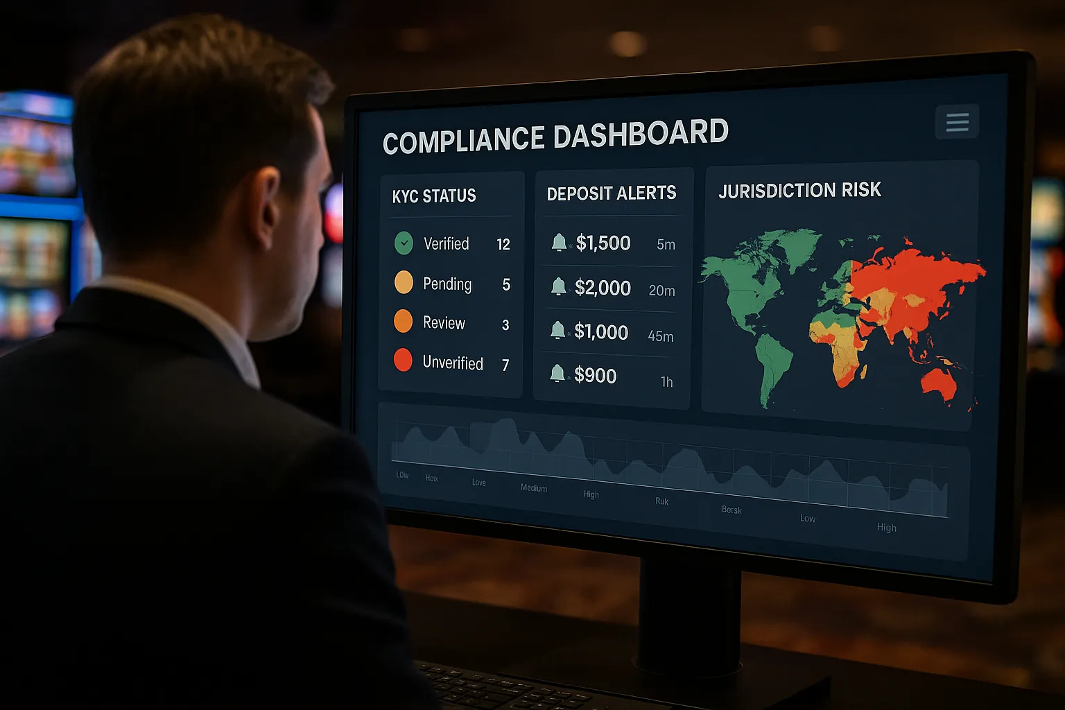 Illustration of a casino operator’s dashboard showing real-time KYC status, deposit alerts, and jurisdiction risk maps, symbolizing a unified compliance cockpit that reduces manual work.