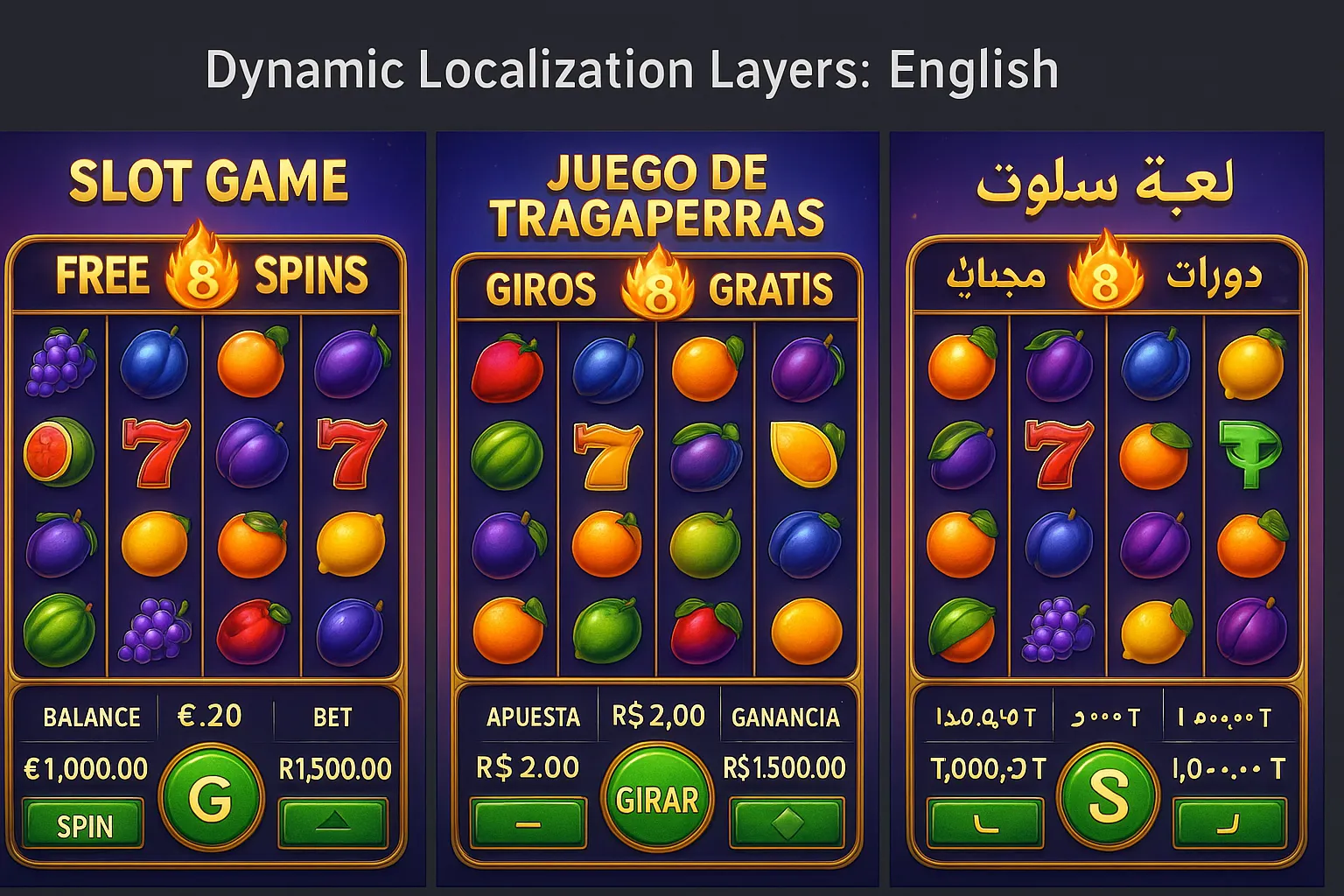 Concept art: a split screen showing the same slot game UI in English, Spanish, and Arabic, highlighting dynamic localisation layers and currency symbols like €, R$, and USDT.