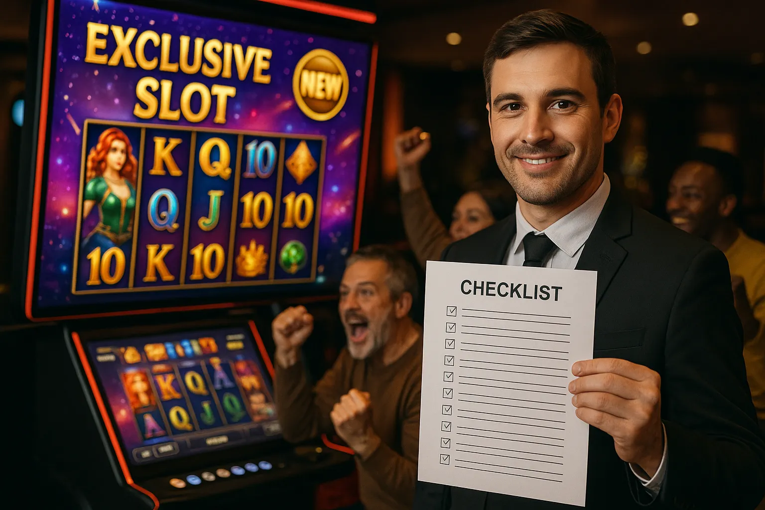 A casino operator holding a completed 15-point checklist in front of a large screen showing a newly launched exclusive slot game with players engaging enthusiastically.