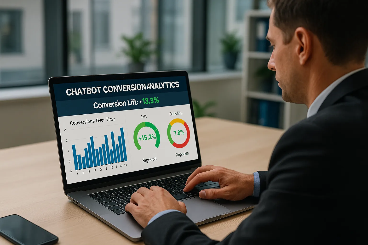 A casino operator at a laptop reviews real-time chatbot conversion analytics on a dashboard showing lift percentages and KPI dials, in a modern office setting.