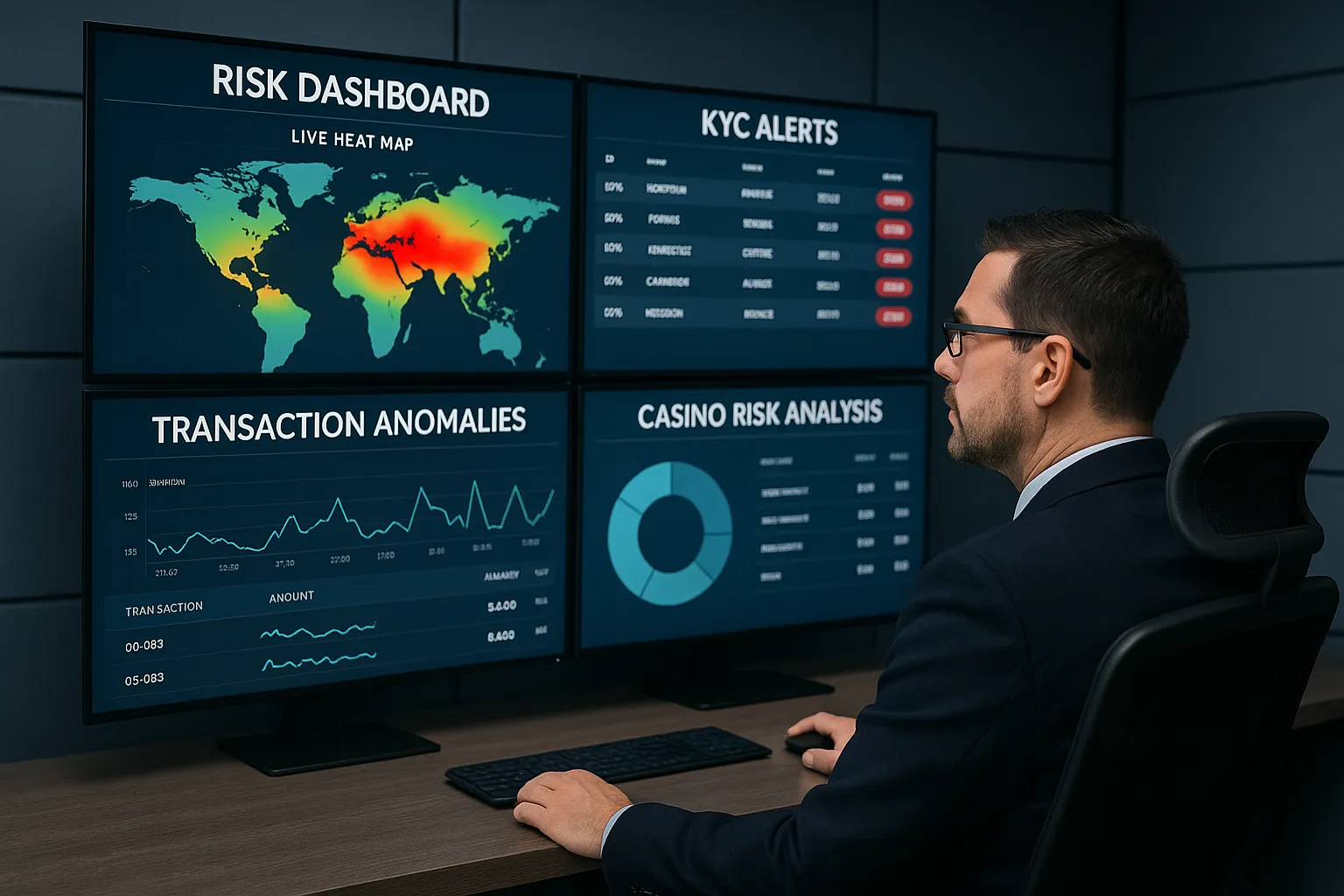 A casino operator glancing at a multi-screen risk dashboard that displays a live heat map, KYC alerts, and transaction anomalies while seated in a modern control room.