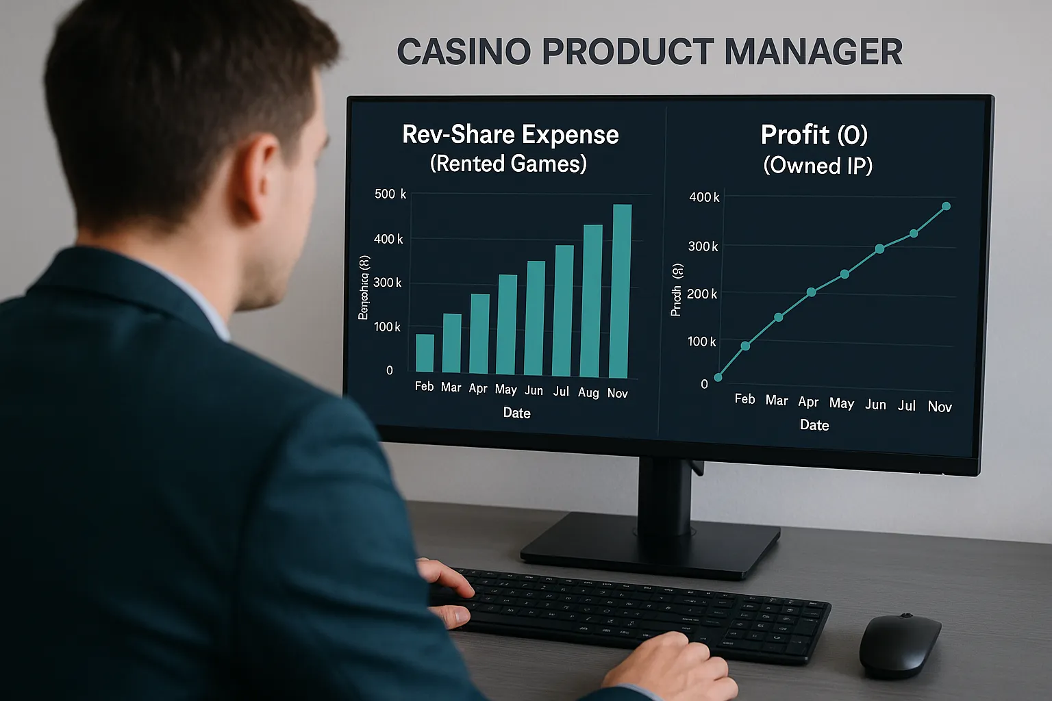 A casino product manager reviews two dashboards: one projecting rev-share expenses for rented games, the other showing profit curves for owned IP, both displayed on a sleek office monitor setup.