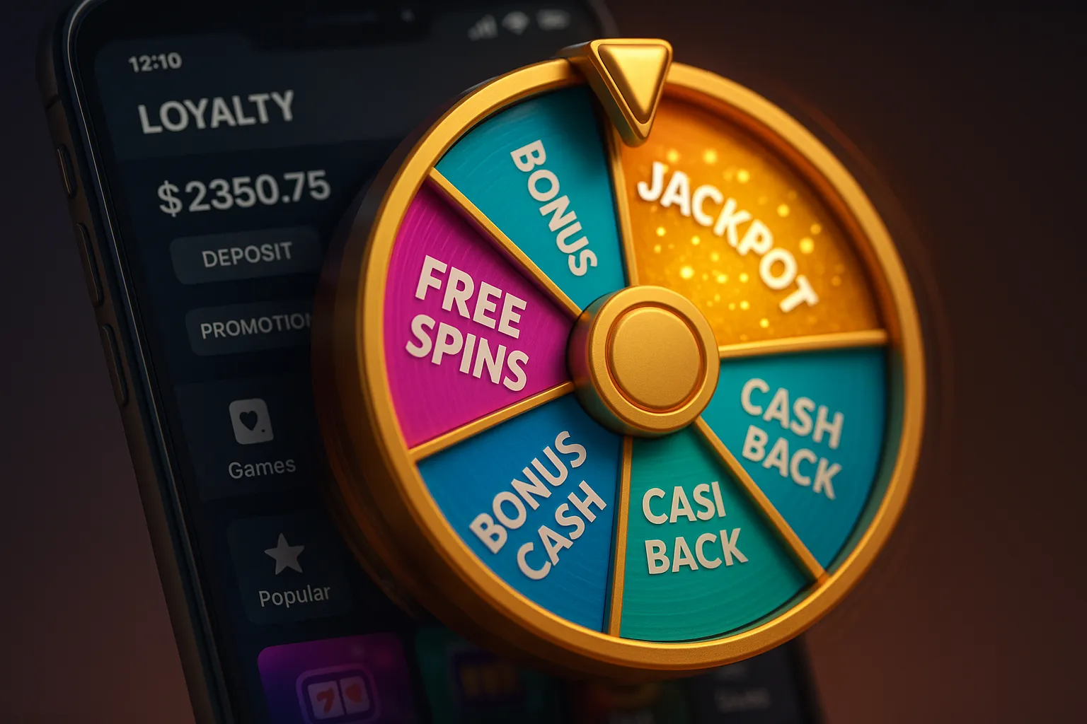 A close-up 3D render of a brightly colored loyalty wheel with spinning motion blur, showing slices for free spins, bonus cash, cashback tokens and a golden jackpot segment. The background is a modern mobile casino UI.