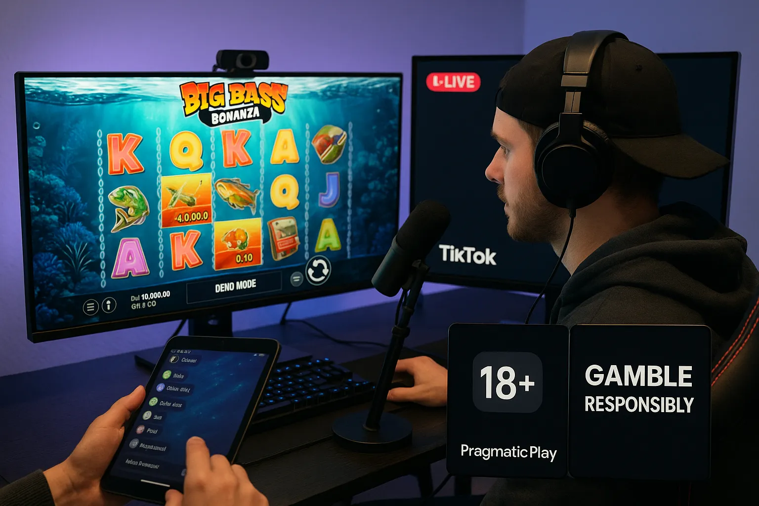 A content creator sits at a dual-monitor PC setup streaming a new Pragmatic Play slot in demo mode on TikTok Live; on-screen overlays show 18+ and Gamble Responsibly warnings, while a second team member monitors the chat on a tablet.
