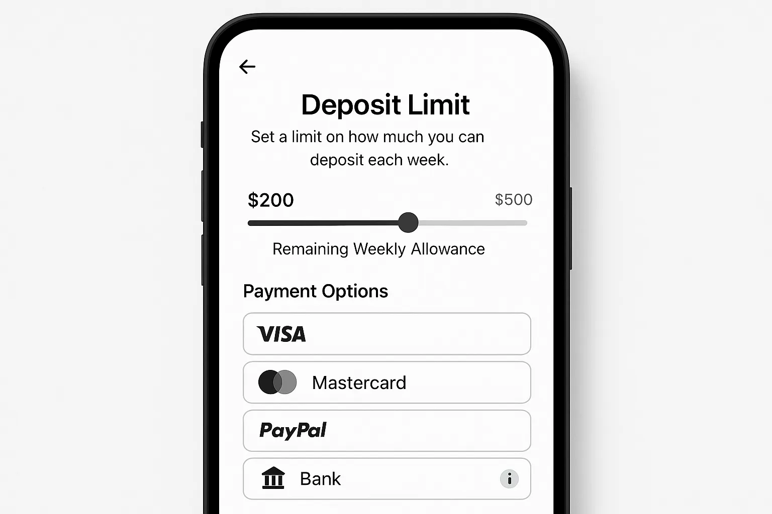 A mobile screenshot mock-up showing a sleek deposit-limit slider embedded above payment options, with real-time update of remaining weekly allowance and a compliance info icon.