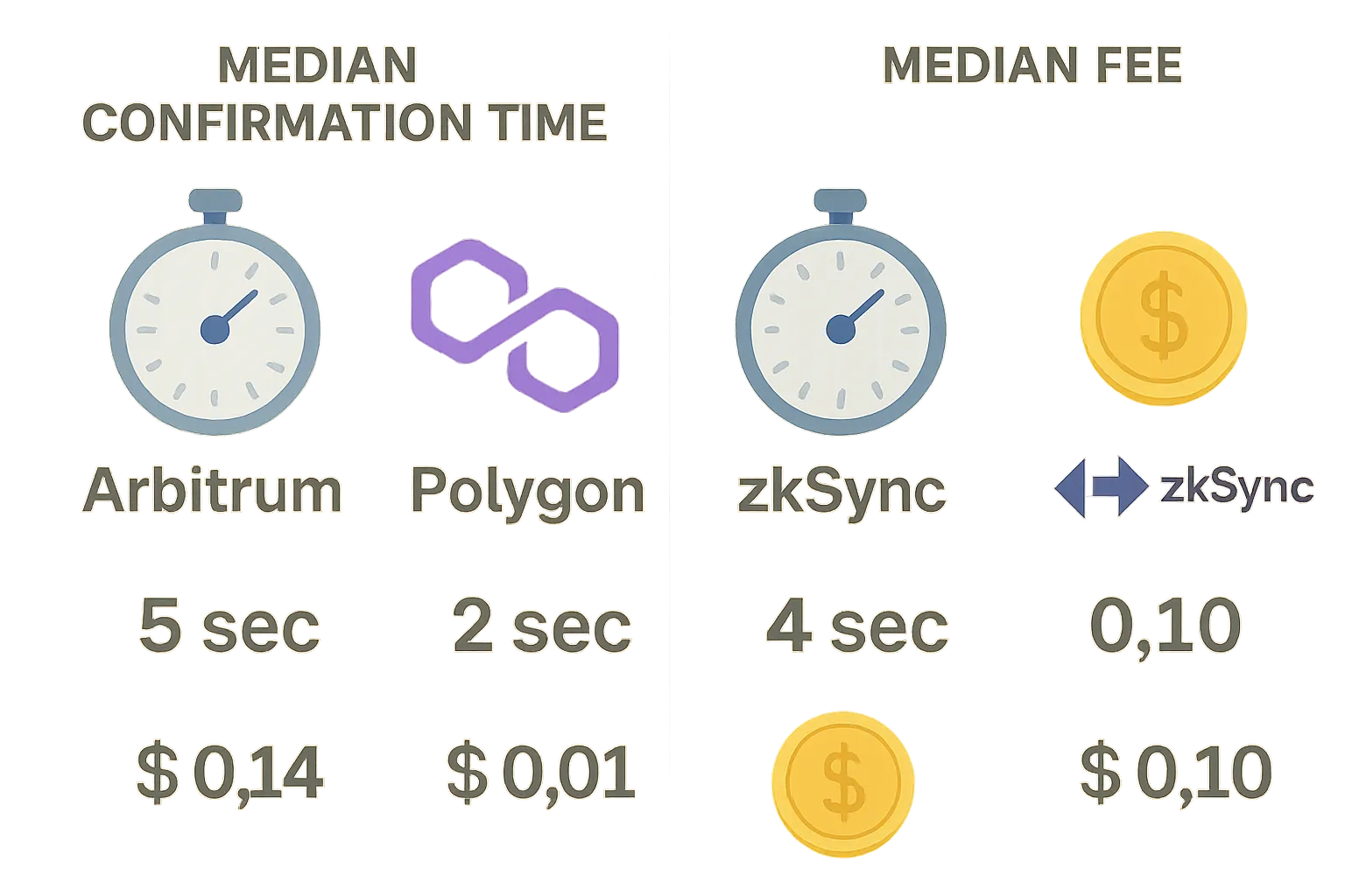 A side-by-side infographic comparing median confirmation times and fees for Arbitrum, Polygon, and zkSync, with coins and stopwatch icons illustrating speed and cost.