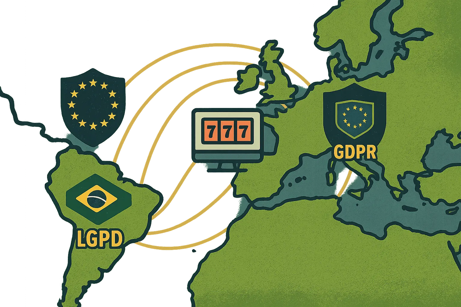 A stylised map showing data routes between Europe and Brazil, overlaid with GDPR and LGPD icons, illustrating transatlantic data flows for an online casino.