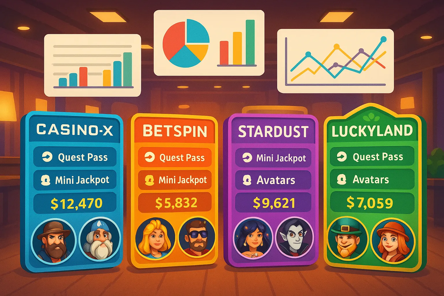 A vibrant online casino lobby showing multiple branded skins, each displaying quest passes, mini-jackpots, and collectible avatars, with real-time analytics charts floating above the scene to illustrate diversified revenue streams.