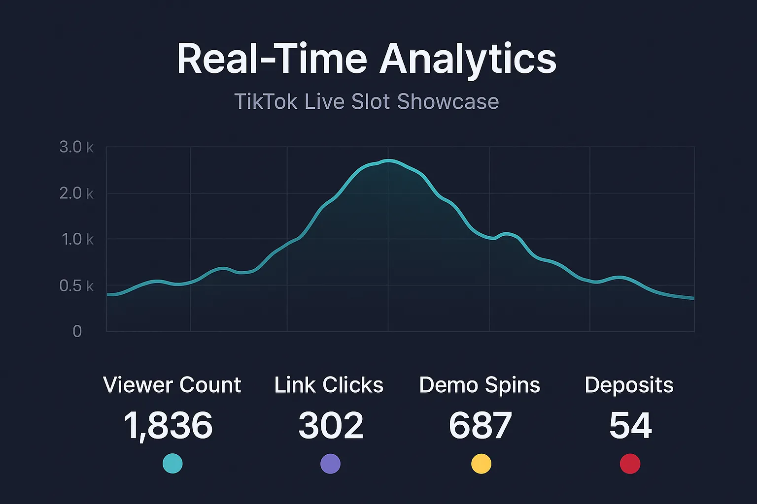 Dashboard screenshot concept: a real-time analytics graph displaying viewer count, link clicks, demo spins, and deposits during a TikTok Live slot showcase.