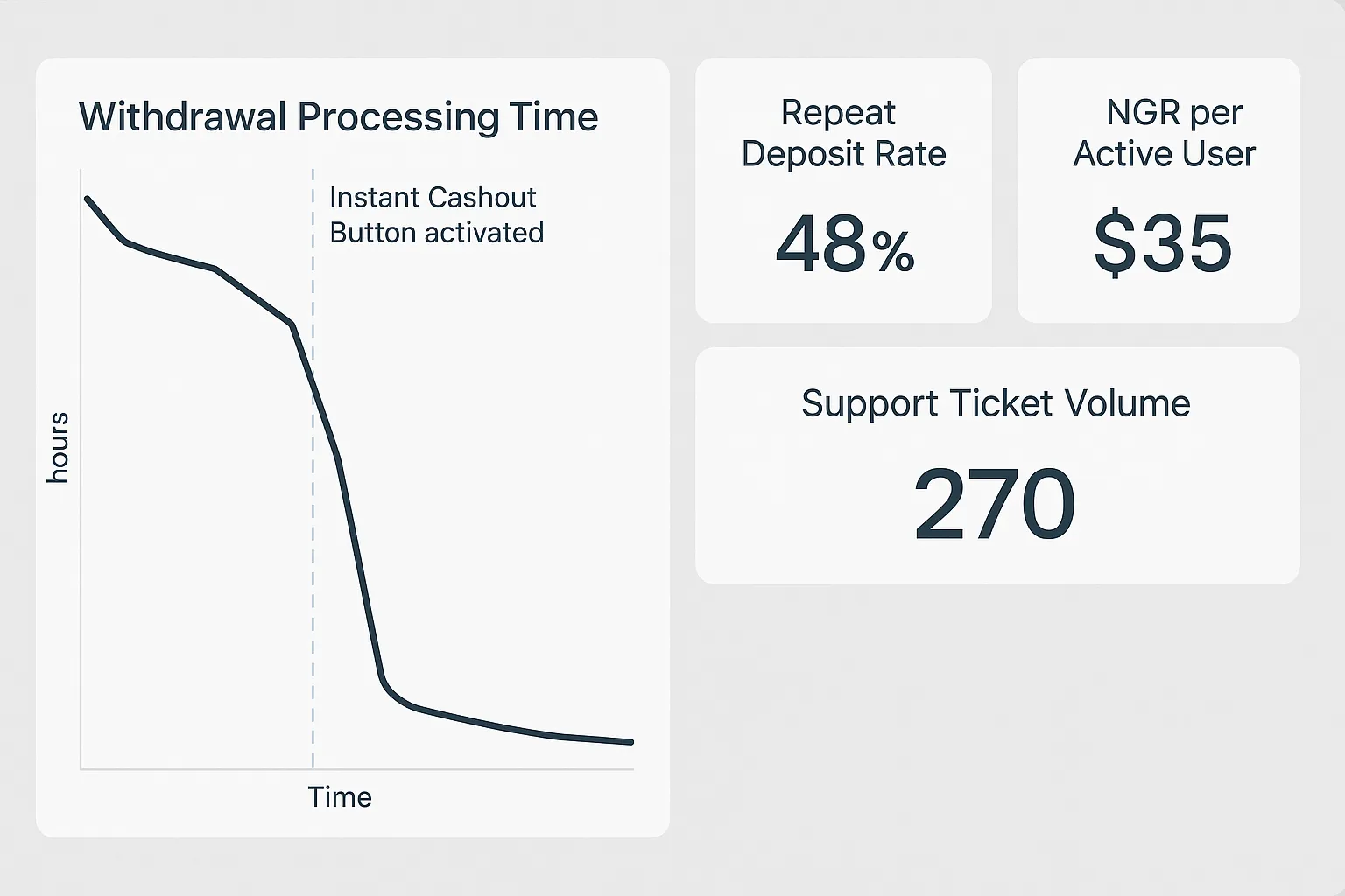 Dashboard view showing a line chart of withdrawal processing time dropping sharply after Instant Cashout Button activation, next to KPI widgets: repeat deposit rate, NGR per active user, support ticket volume.