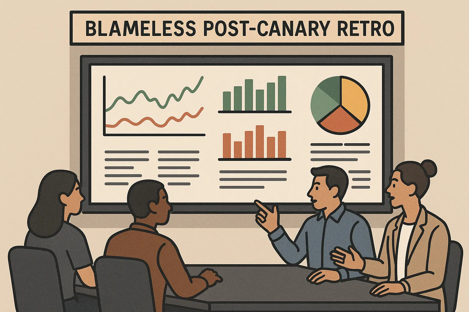 Illustration of a blameless post-canary retro with stakeholders reviewing metrics on a large screen in an operations room.
