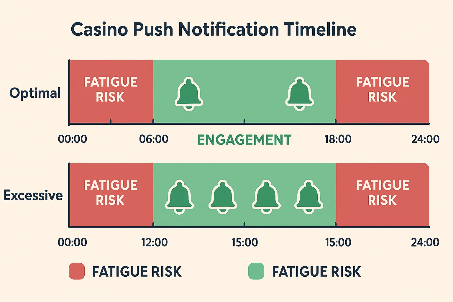 Illustration of a casino push notification timeline showing optimal vs excessive frequency across a 24-hour cycle, with green zones for engagement and red zones marking fatigue risk.