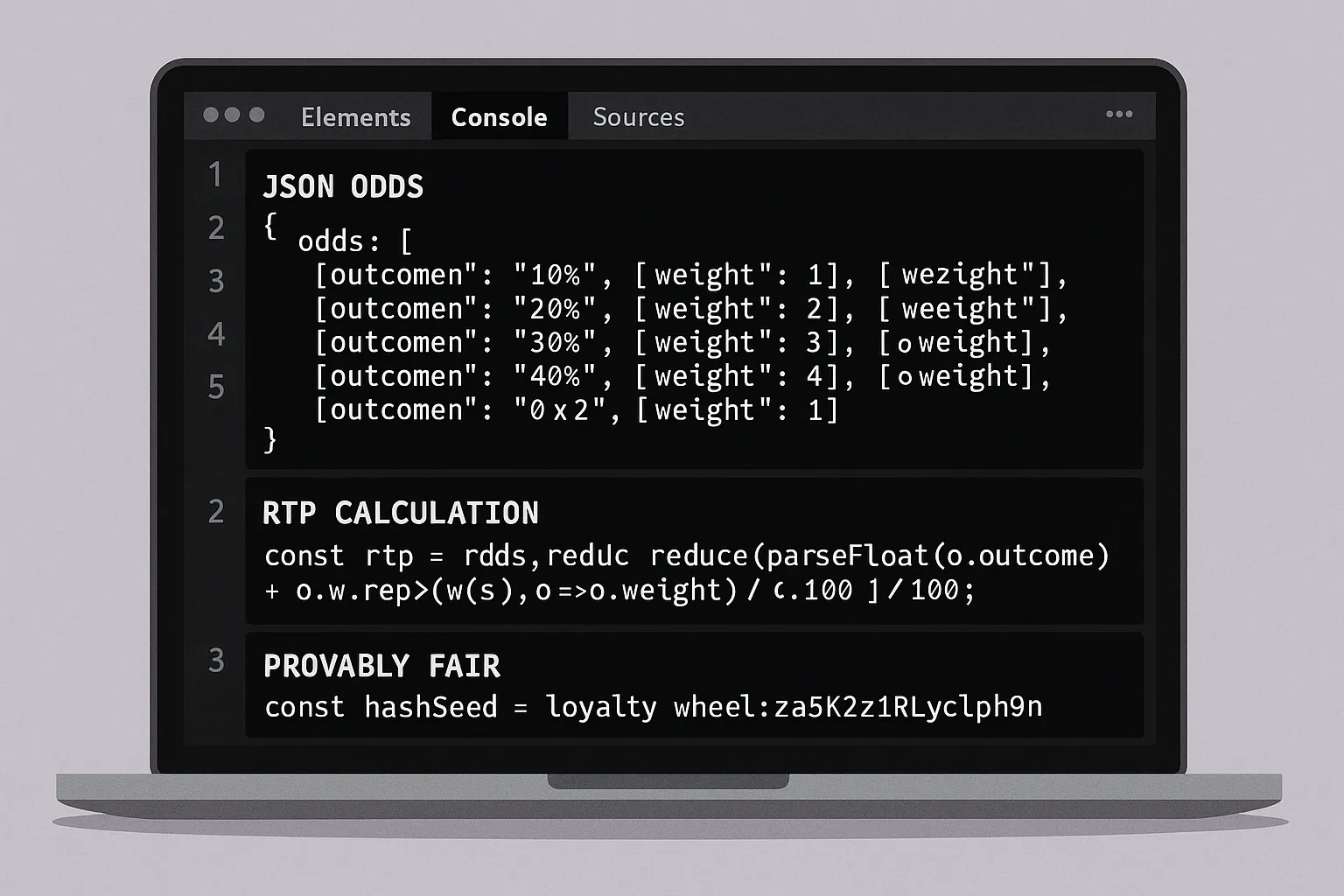 Illustration of a developer console view showing JSON odds, RTP calculation, and a provably fair hash seed for a loyalty wheel, overlayed on a laptop screen.