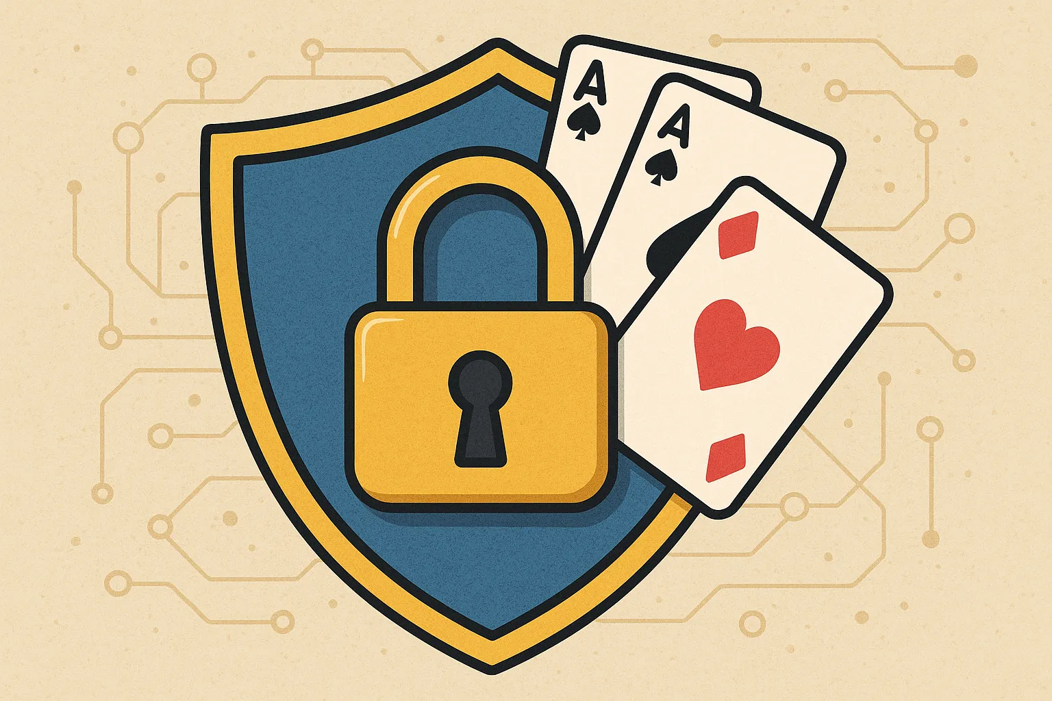 Illustration of a shield combining a padlock with playing cards, representing enhanced privacy compliance for online gambling through zero-knowledge proofs.