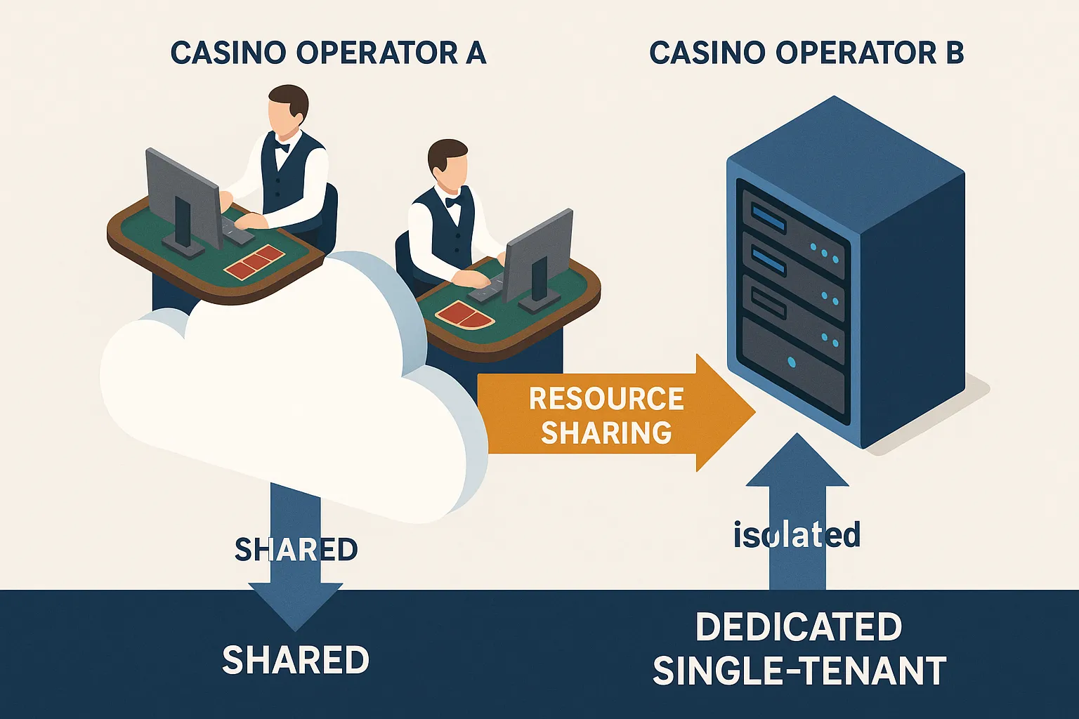 Isometric illustration of two casino operators running on a shared multi-tenant cloud cluster, contrasted with a dedicated single-tenant server rack, with arrows highlighting resource sharing versus isolation.