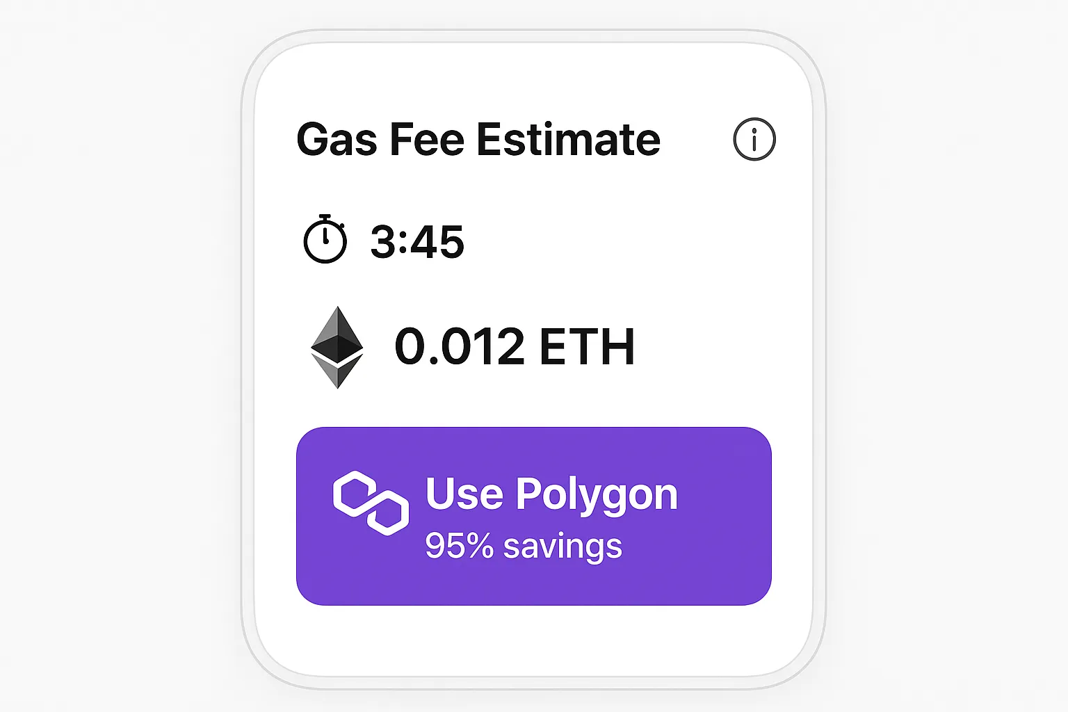 Mobile cashier screen showing an Ethereum gas fee estimate with a timer, a Polygon alternative button highlighting 95 % savings, and a concise tooltip icon for more details.