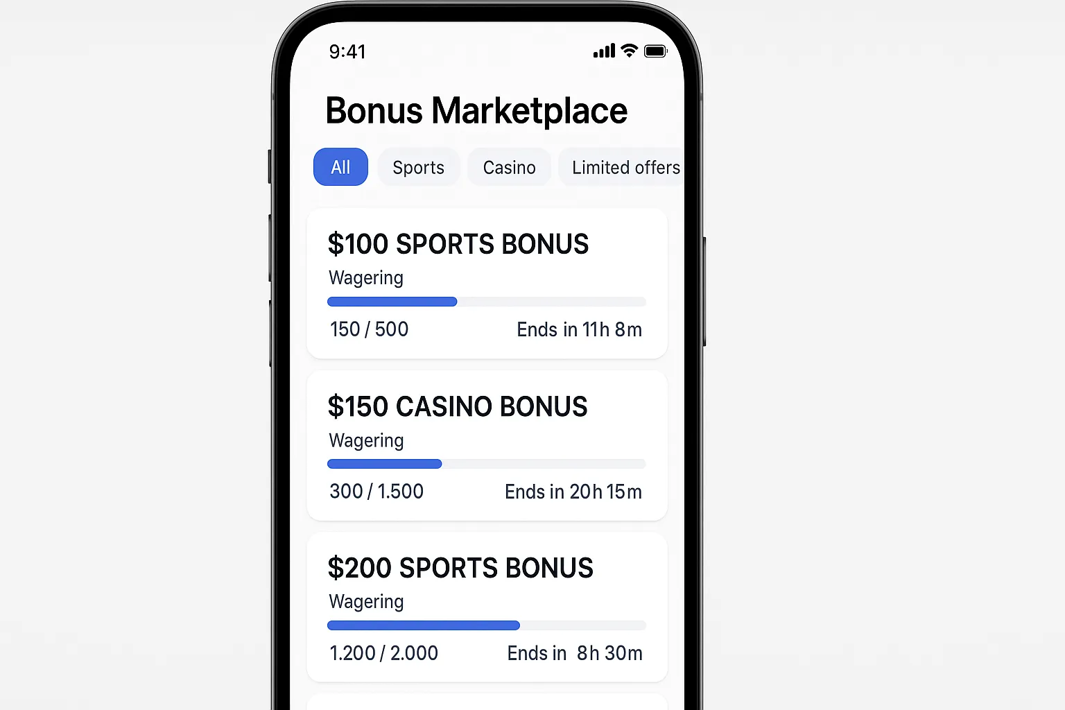 Mobile screenshot concept showing a bonus marketplace with filter chips, offer cards displaying wagering progress bars, and a countdown timer.