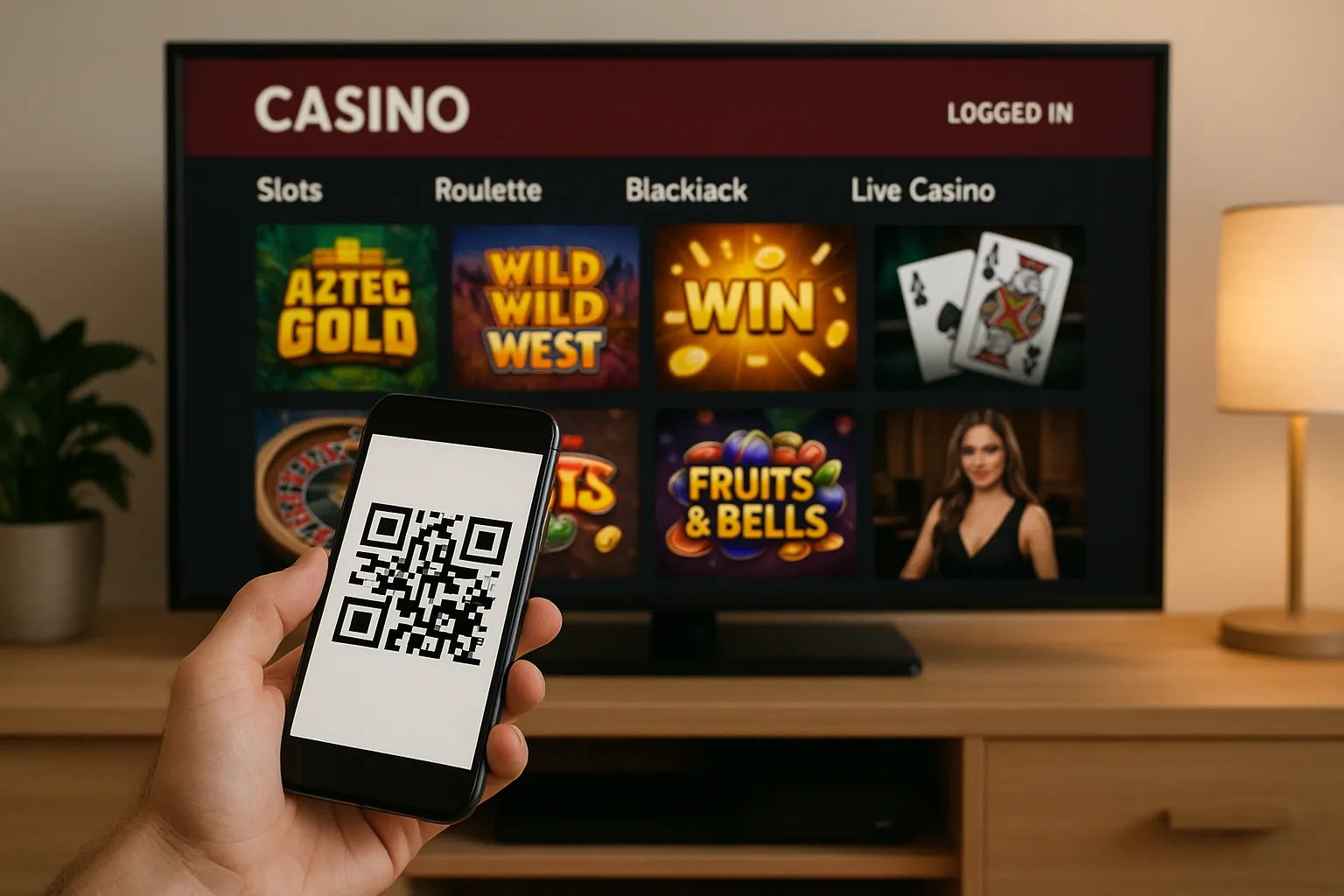 Photo illustration of a player holding a smartphone that displays a QR code while a smart-TV shows the casino lobby logged in; the living-room scene conveys seamless cross-device play.