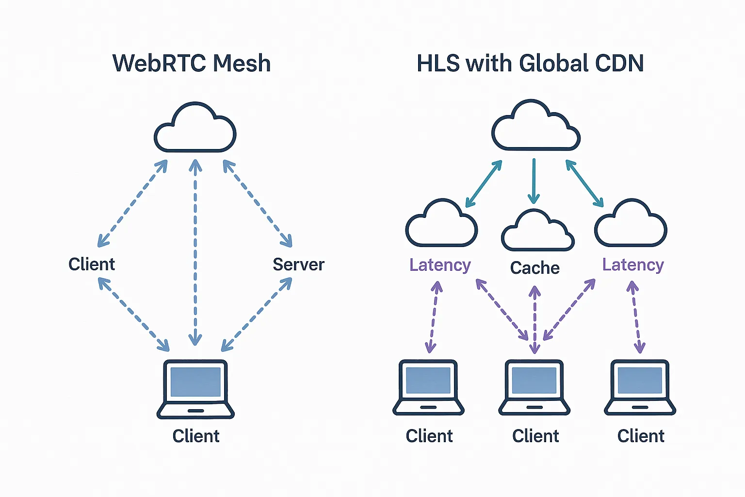 Side-by-side illustration of WebRTC mesh distribution and HLS segment delivery through a global CDN, highlighting latency paths and cache layers.
