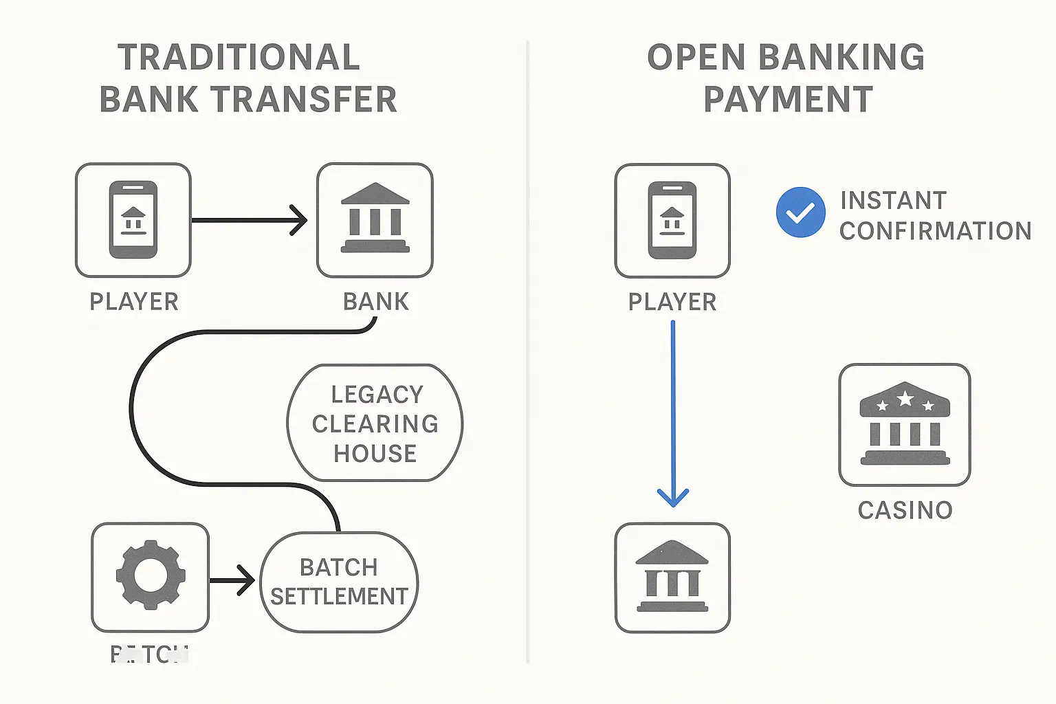Side-by-side illustration: on the left a traditional bank transfer taking a winding path through legacy clearing houses and batch settlement; on the right an open banking payment going directly from a player’s banking app to the casino with instant confirmation.