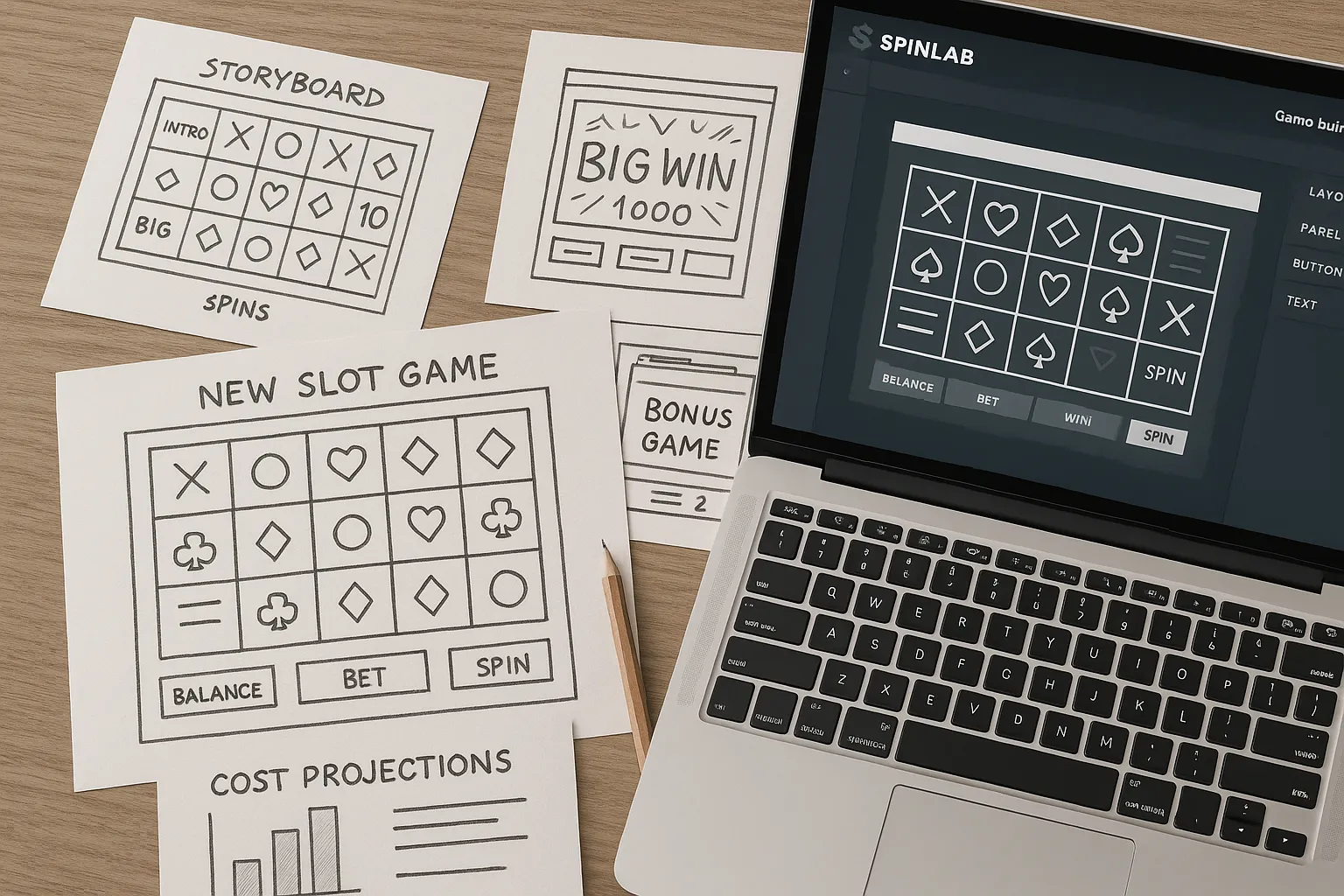 Storyboard sketches and wireframes of a new slot game laid out on a desk alongside cost projections and a laptop running Spinlab’s game builder interface.
