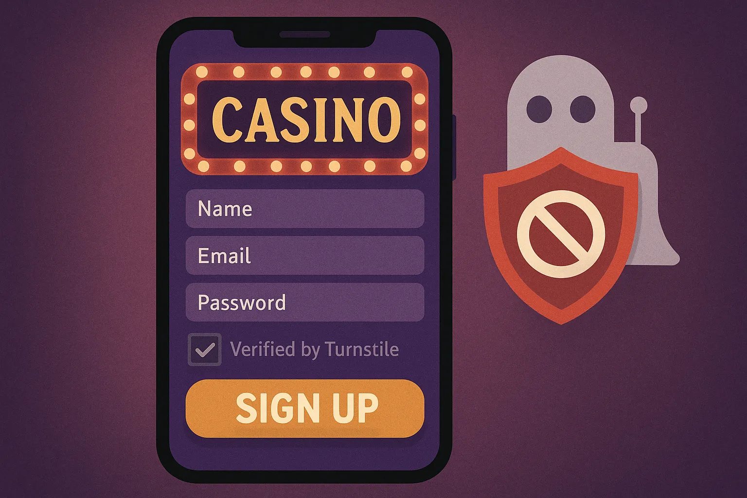 Stylised casino signup form viewed on a smartphone; the form shows 
