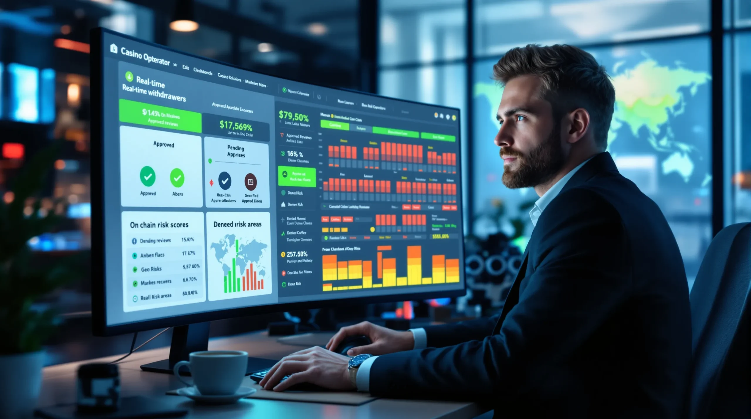 A casino operator sits in front of a large monitor displaying a real-time dashboard: green tick icons for approved withdrawals, amber flags for reviews, and red blocks for denied requests. A side panel shows on-chain risk scores and a world map highlighting geo risk.
