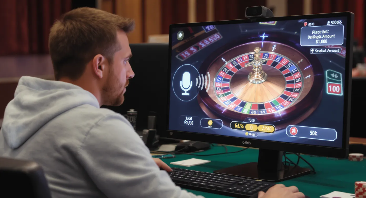 A casino player wearing casual clothing sits at a computer, issuing a spoken command to place a bet, while a digital roulette wheel spins on the screen. A microphone icon pulses to indicate active voice recognition, and an on-screen overlay confirms the wager amount.